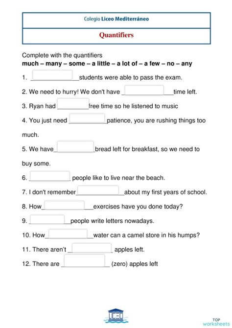 Quantifiers Mixed Interactive Worksheet Topworksheets