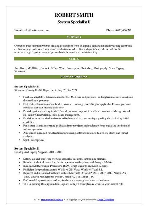 System Specialist Resume Samples Qwikresume