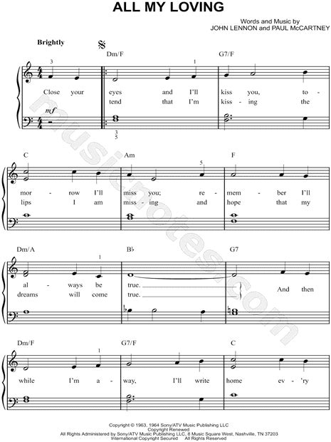 The Beatles All My Loving Sheet Music Easy Piano In A Minor