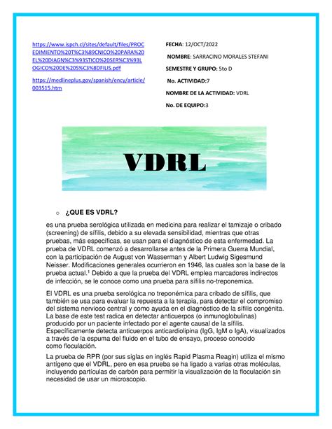 Vdrl Pdf Práctica Vdrl O ¿que Es Vdrl Es Una Prueba Serológica