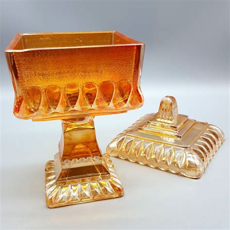 Iridescent Peach Marigold Covered Stemmed Candy Dish Wedding Box Carnival Glass Ebay