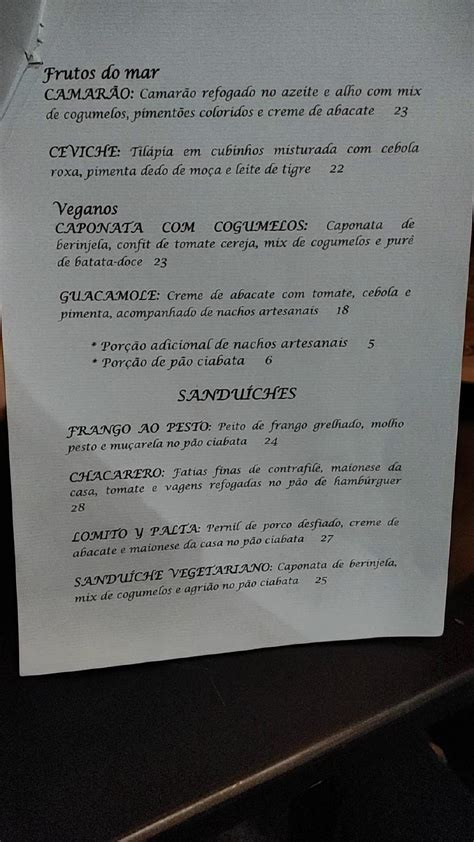 Menu em Verri gastronomia criativa restaurante Brasília