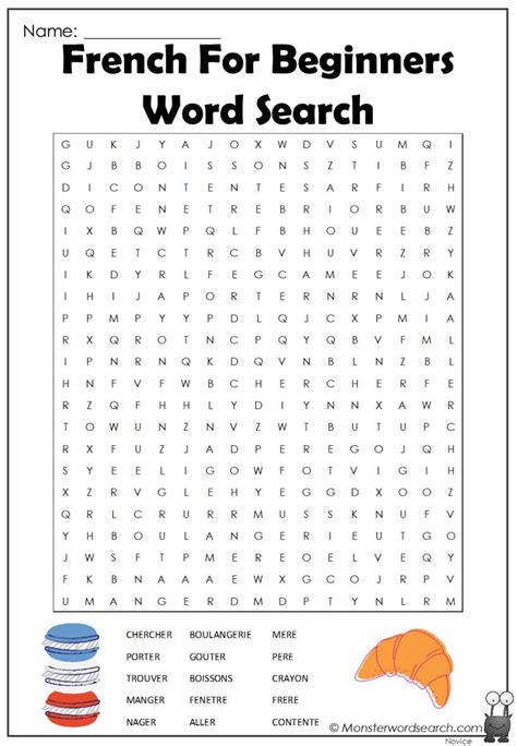 French For Beginners Word Search Monster Word Search