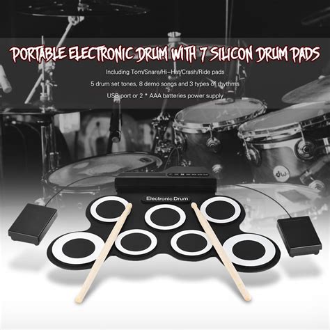 Ammoon Electronic Digital Drum Kit 7 Pads Roll Up USB Power G3002