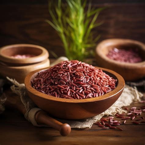 Arroz Vermelho Em Uma Tigela De Madeira Sobre Uma Mesa De Fazenda