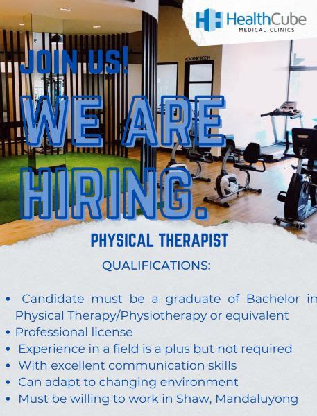 Physical Therapist vacancy in Mandaluyong! Hiring by Health Cube Medical Clinics • Jobtalk