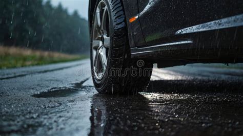 Car Driving On Wet Road During Heavy Rain Stock Image Image Of Drop