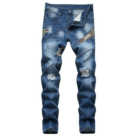 Men S Destroyed Skinny Jeans Stretch Slim Fit Ripped Patched Washed Denim Jeans Vintage