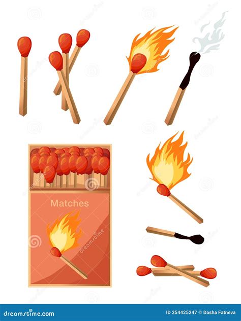 Collection Of Matches Burning Match With Fire Opened Matchbox Burnt