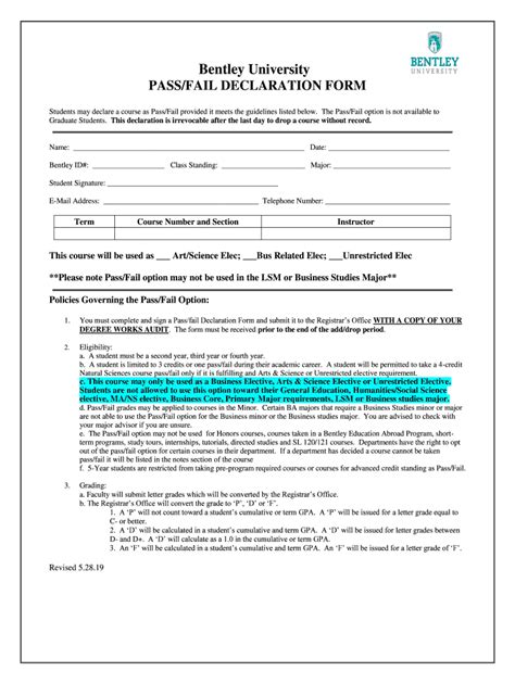 Fillable Online Bentley University Pass Fail Declaration Form Fax Email