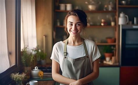 Premium AI Image Ai Generative Image Smiling Housewife In Apron