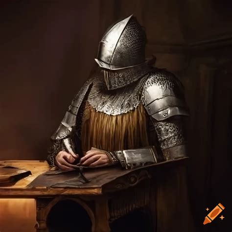 Knight In Iron Mask Writing With A Quill In A Medieval Room At Night On