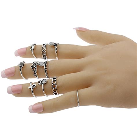 10pcs Set Rings Kit Fine Workmanship Hollow Rhinestone Hollow Flower