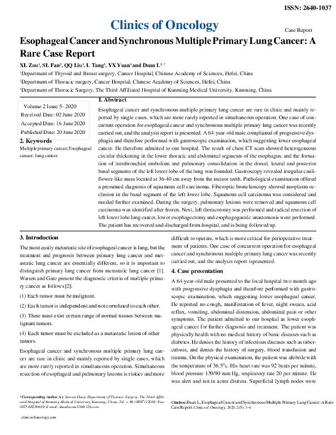 Pdf Esophageal Cancer And Synchronous Multiple Primary Lung Cancer A Rare Case Report