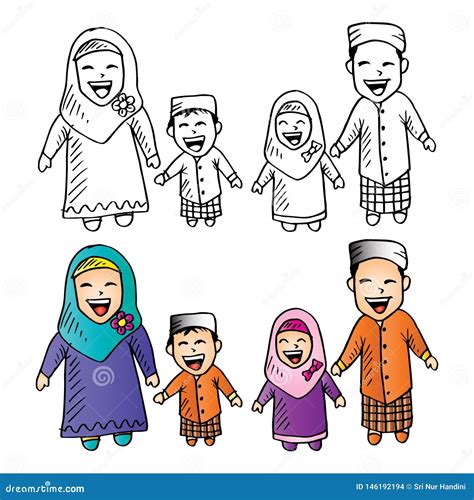 Coloring Book Muslim Family Cartoon. Stock Vector - Illustration of ...