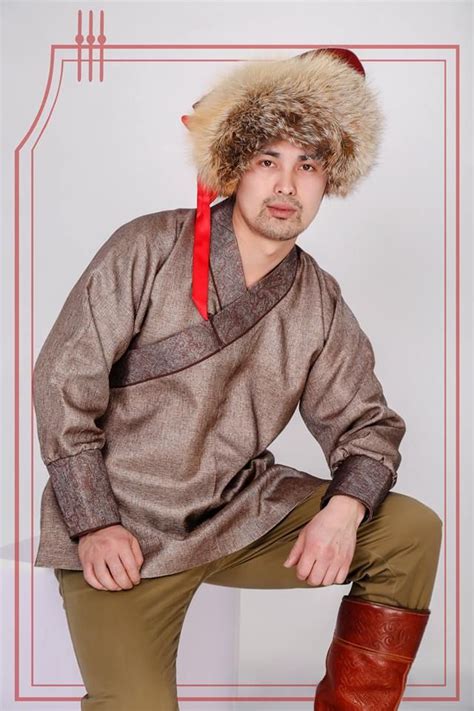 Brown Male Shirt Mongol People Mongolian Clothing Mens Garb Golden