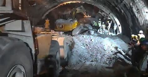 U Khand Tunnel Collapse Large Steel Pipes Inserted Through Rubble To