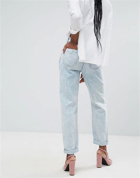 Asos Original Mom Jeans In Pretty Mid Wash With Pearl Detail Rips Shopperboard