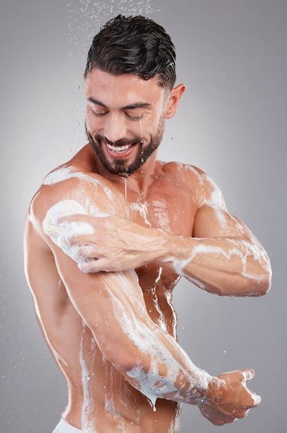 Premium Photo Man Shower And Cleaning With Soap With Studio