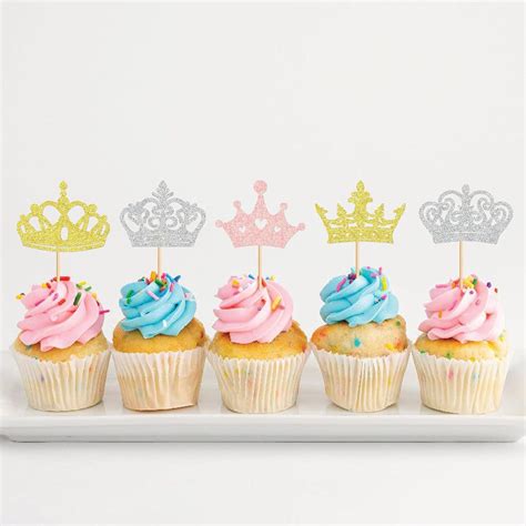 Ercadio 30 Pack Princess Crown Cupcake Toppers Glitter Queen Crown