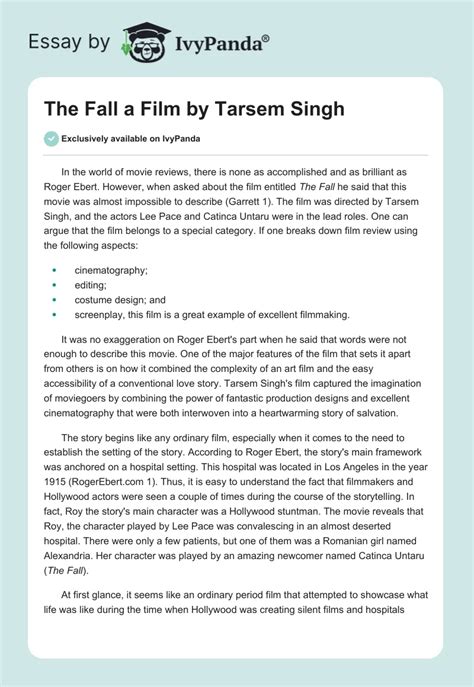 "The Fall" a Film by Tarsem Singh - 1154 Words | Movie Review Example