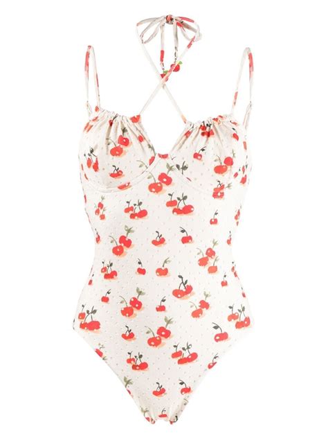 Farm Rio Cherry Print Swimsuit In Nude Modesens