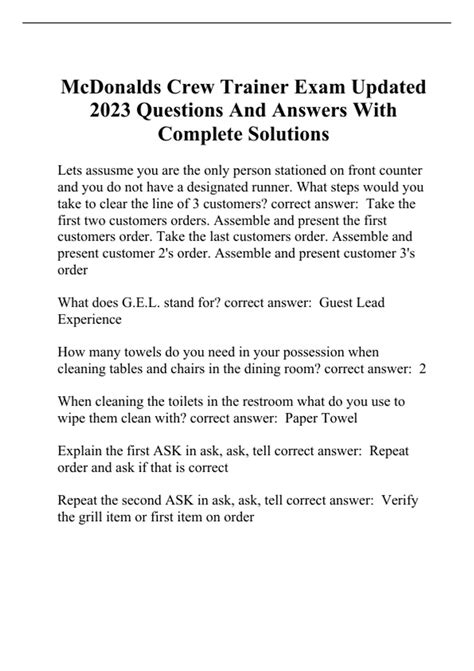 Mcdonalds Crew Trainer Exam Updated 2023 Questions And Answers With Complete Solutions