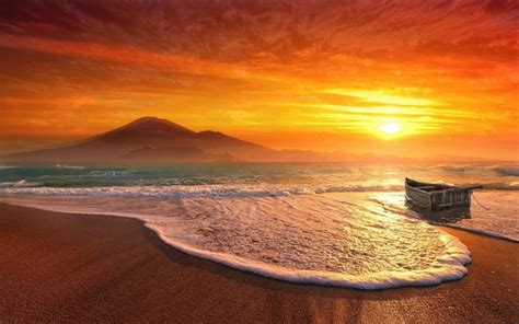 Sunlight Landscape Mountains Boat Sunset Sea Nature Shore Sand