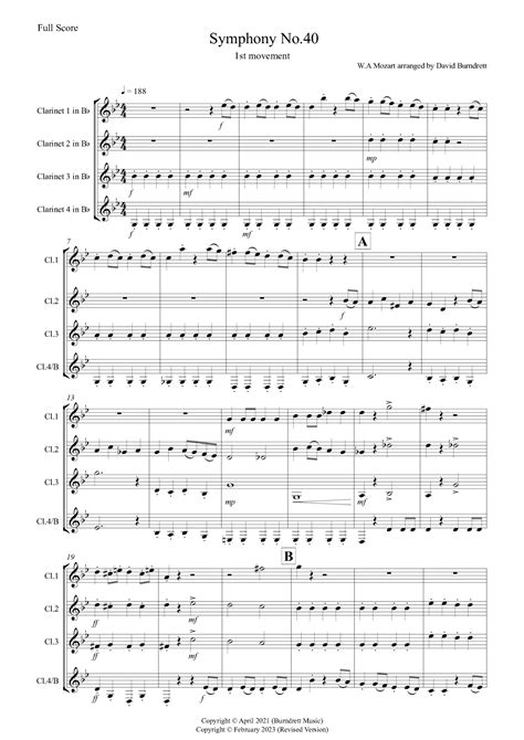 Mozart Symphony No 40 1st Movement For Clarinet Quartet Arr David