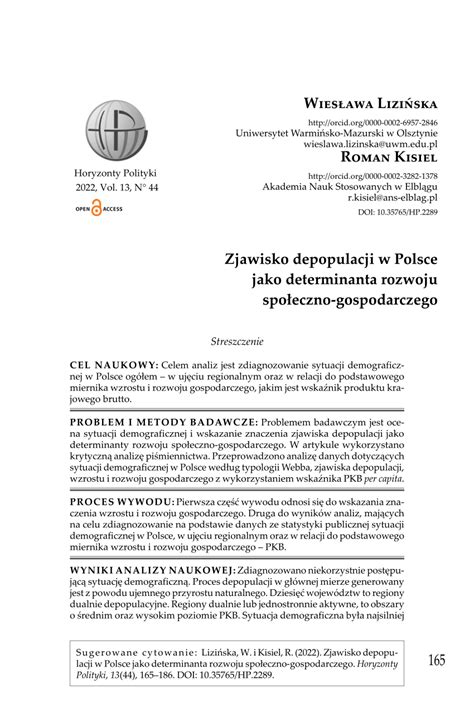 Pdf Zjawisko Depopulacji W Polsce Jako Determinanta Rozwoju Spo Eczno