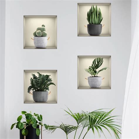 Autocollant Mural 3D Plantes Vertes En Pot Fausse Fen Tre D Calcomanies