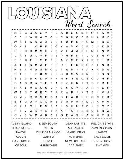 Louisiana Printable Word Search Puzzle Word Search Addict