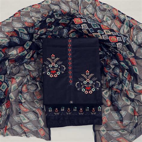 Navy Blue Floral Embroidered Pure Cotton Dress Material