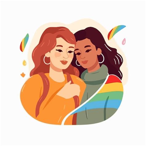 Premium Vector A Portrait Of Lesbian Couple With A Rainbow Flag The