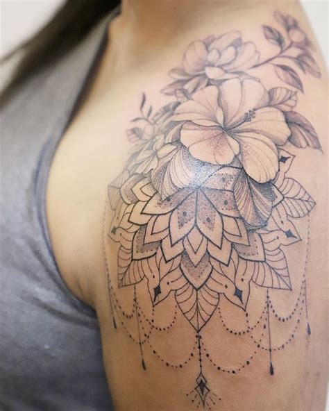 Mandala And Flower Shoulder Tattoo