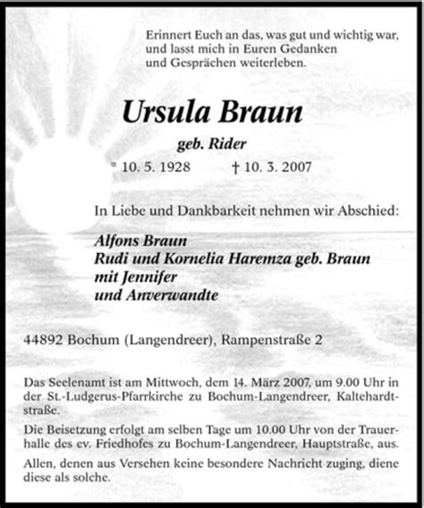 Traueranzeigen Von Ursula Braun Trauer In Nrw De