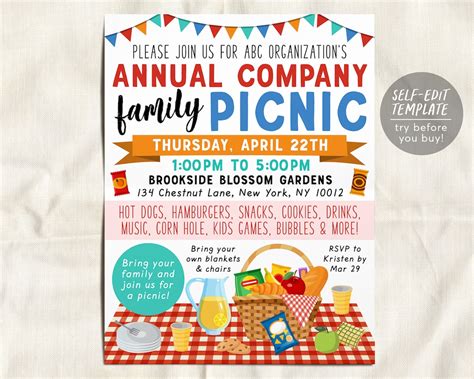 Company Picnic Flyer Editable Template Staff Employee Customer