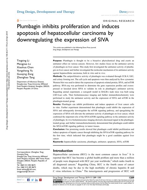 Pdf Plumbagin Inhibits Proliferation And Induces Apoptosis Of