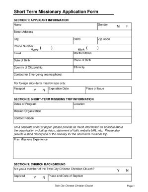 Fillable Online Short Term Missionary Application Form Fax