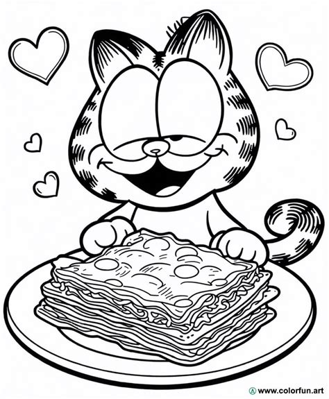 Coloriage de Garfield avec des lasagnes à Télécharger ou à Imprimer