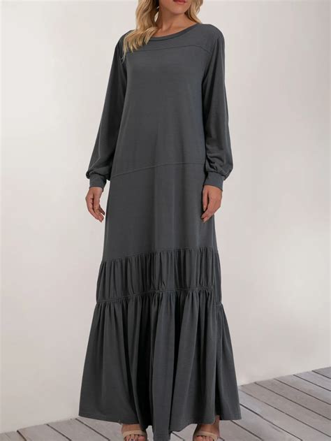 Deep Gray Long Sleeve Plain Crew Neck Maxi Dress Dresses Stylewe