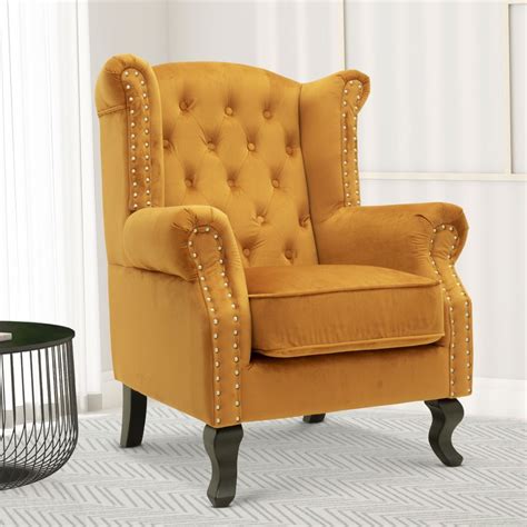 Velvet Wing Back Fireside Henley Chair Armchair With Buttons Mustard