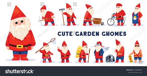 Classic Garden Gnomes Red Clothes Beards Stock Vector Royalty Free