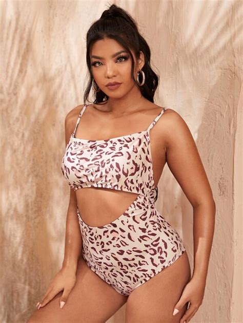 Plus Leopard Cut Out One Piece Swimsuit Shein Usa