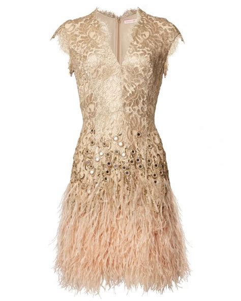 Matthew Williamson Gold Lacquer Lace Feather Dress In Gold Lyst