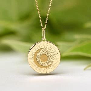 K Solid Gold Moon And Sun Necklace Dainty Sun Moon Pendant