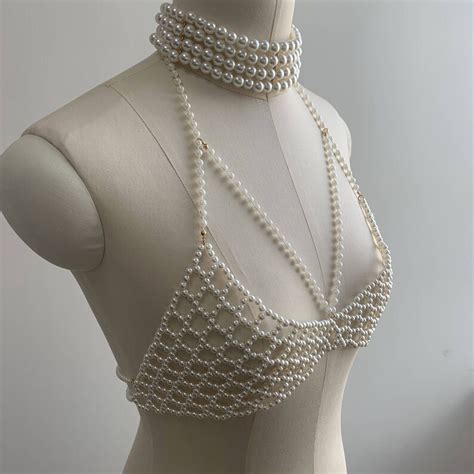 Pearl Bra Body Chain Pearl Necklace Set Bridal Wedding Etsy