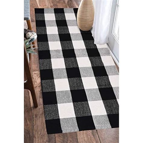 Earthall Cotton Buffalo Black And White Plaid Rugs Hand Woven