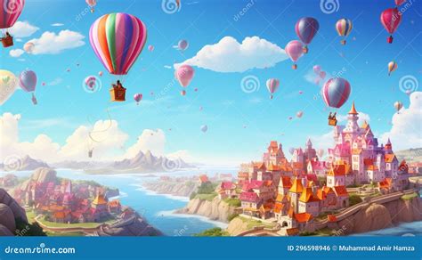 A Whimsical And Dreamlike Scene Of A Hot Air Balloon Journey Stock