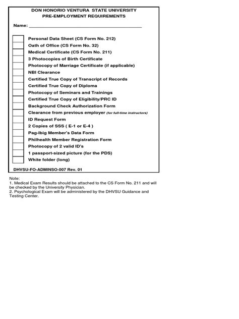 Pre Employment Requirements Checklist Pdf